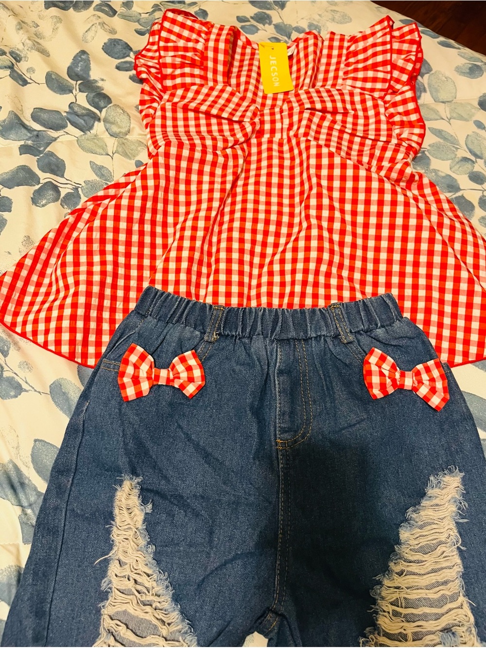 Girls' Red Gingham Ruffle Top by (unbranded)